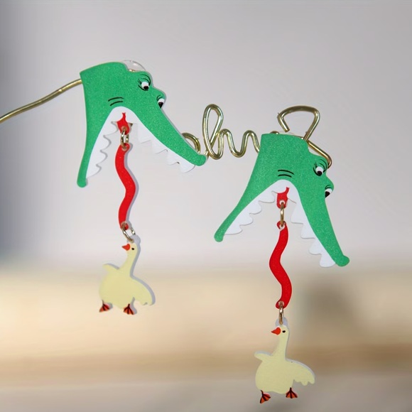 Whimsy_and_Rose Jewelry - Cartoon Green Crocodile Duck Earrings